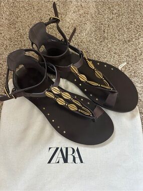 ZARA Brown Leather T-Strap Sandals with Gold Accents